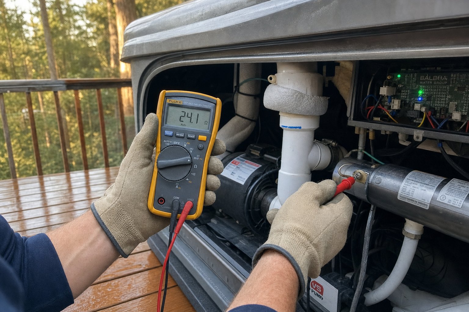 Hot tub repair technician diagnosing a heater element in Hayden
